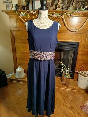 J.H. Evenings Cocktail Midi Navy Blue Dress withSparkling Rose Lace Detail